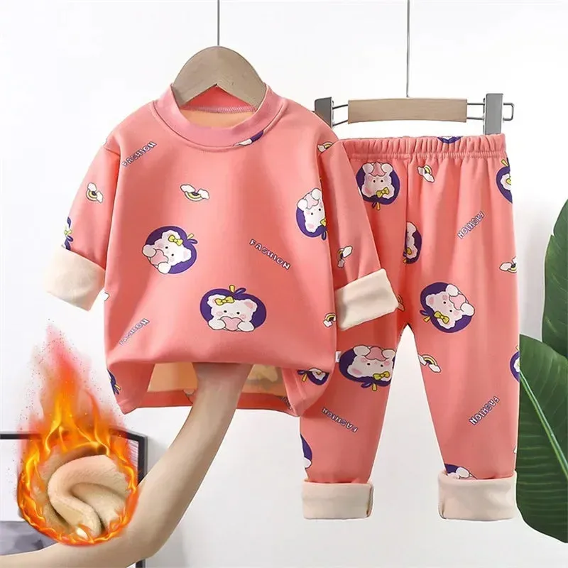 Baby/Kids Thick Warm Cartoon Print Pajamas Set