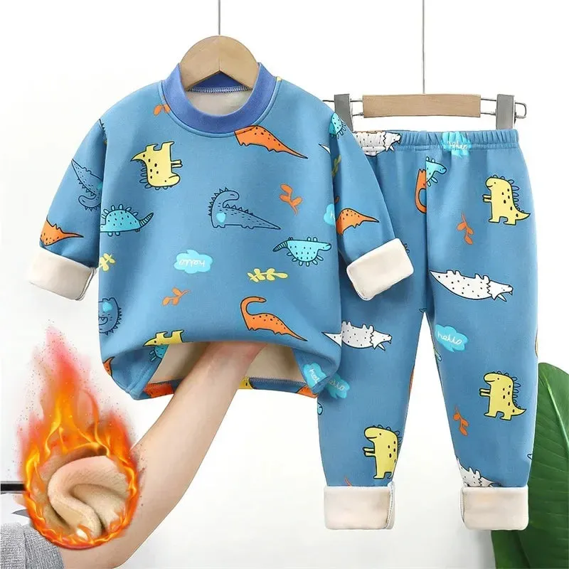 Baby/Kids Thick Warm Cartoon Print Pajamas Set