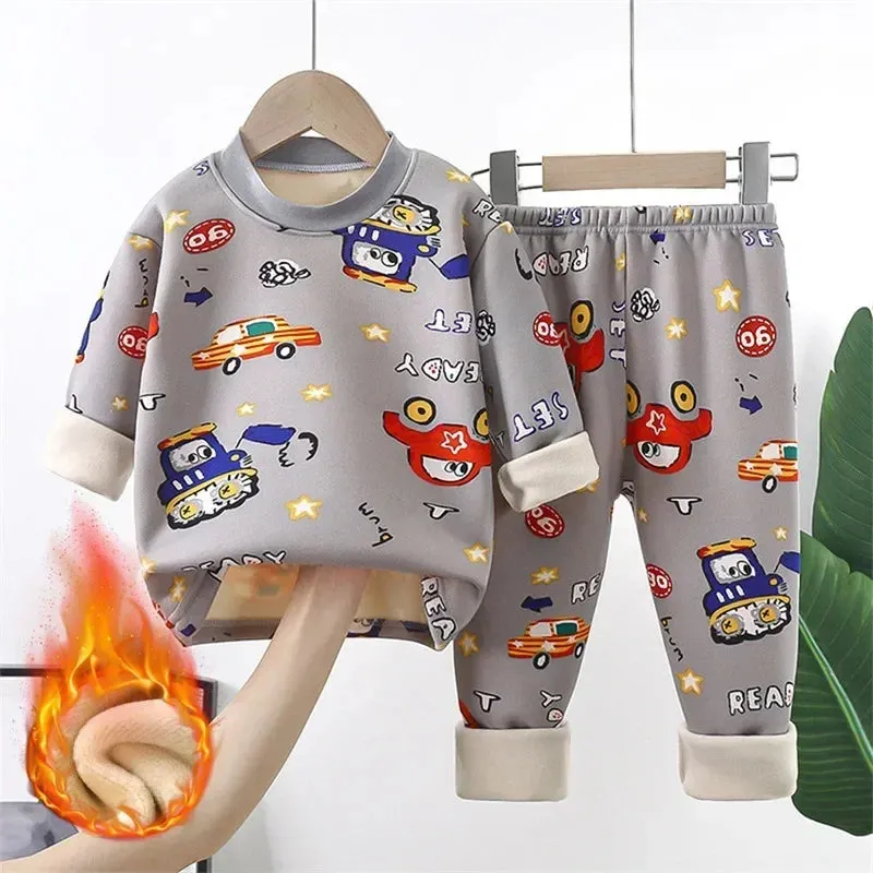 Baby/Kids Thick Warm Cartoon Print Pajamas Set