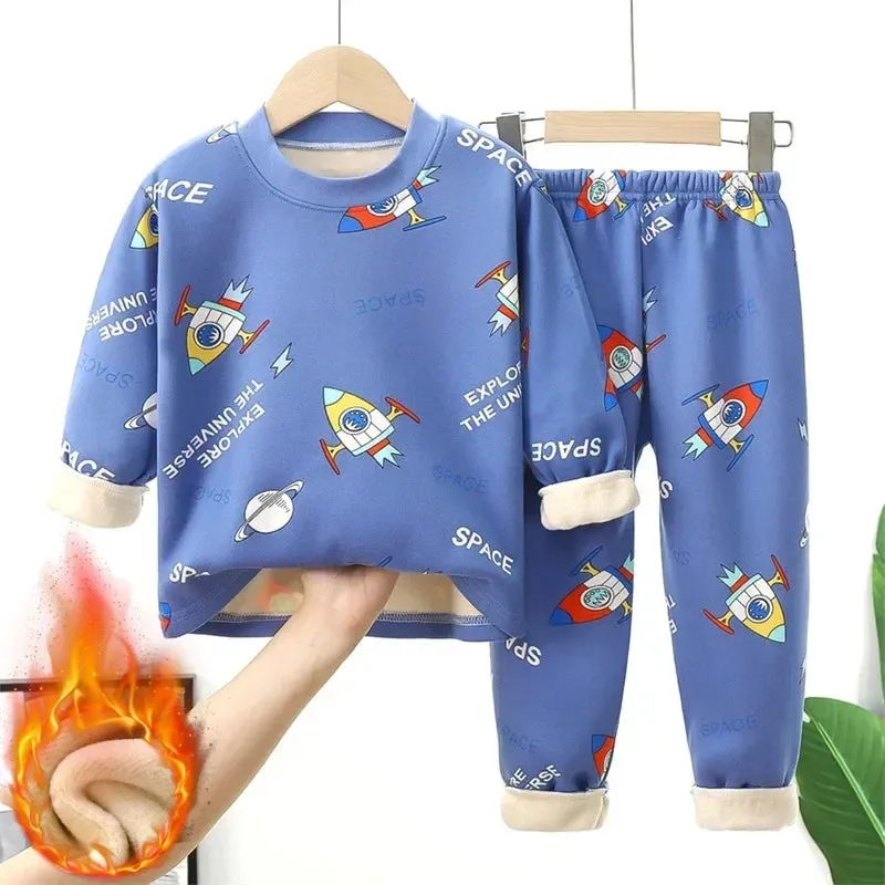 Baby/Kids Thick Warm Cartoon Print Pajamas Set