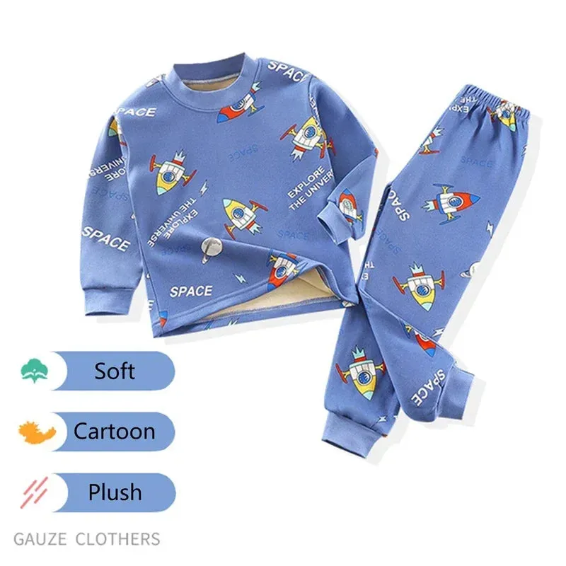 Baby/Kids Thick Warm Cartoon Print Pajamas Set