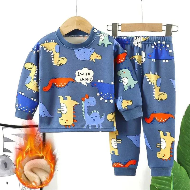 Baby/Kids Thick Warm Cartoon Print Pajamas Set