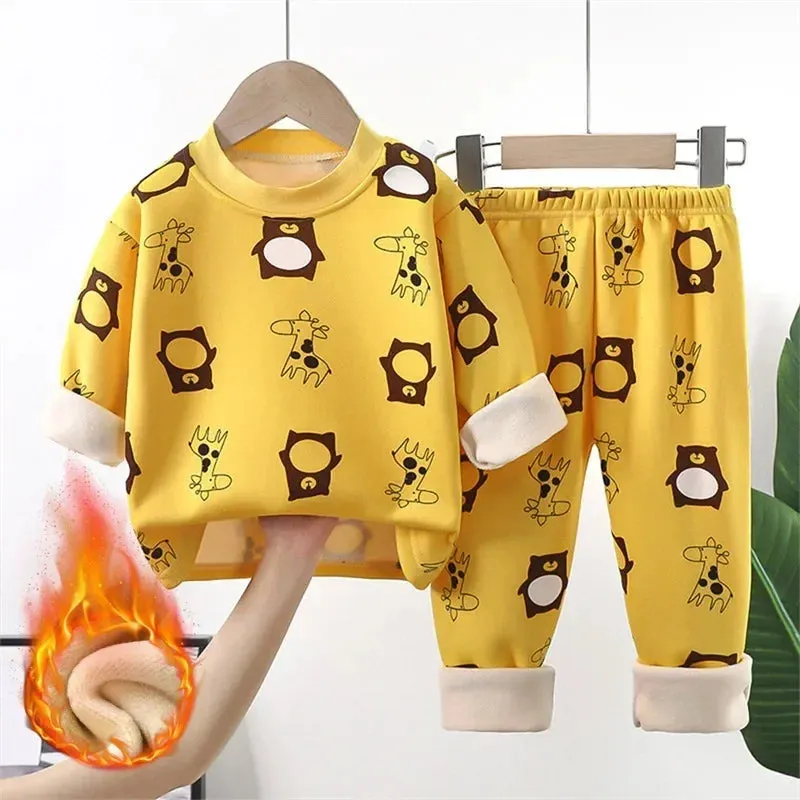 Baby/Kids Thick Warm Cartoon Print Pajamas Set
