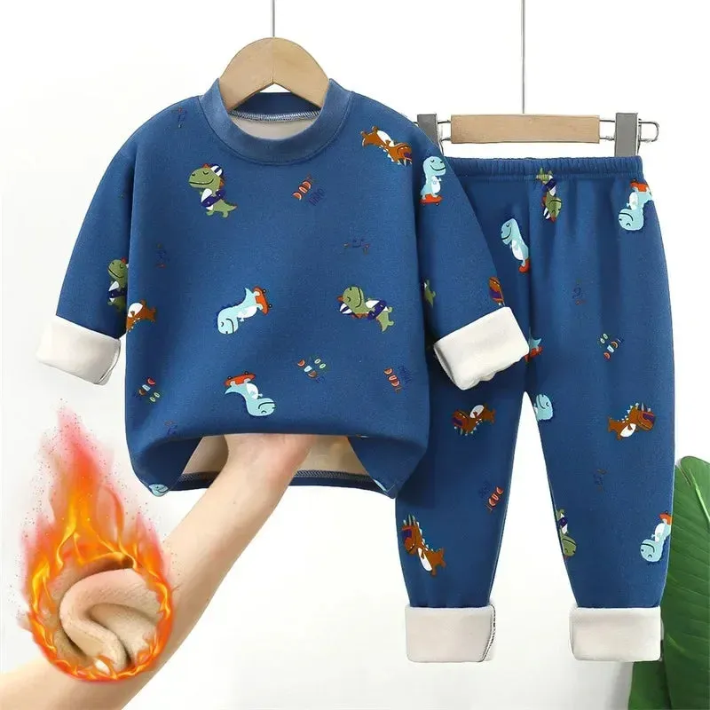 Baby/Kids Thick Warm Cartoon Print Pajamas Set