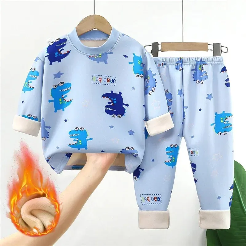 Baby/Kids Thick Warm Cartoon Print Pajamas Set