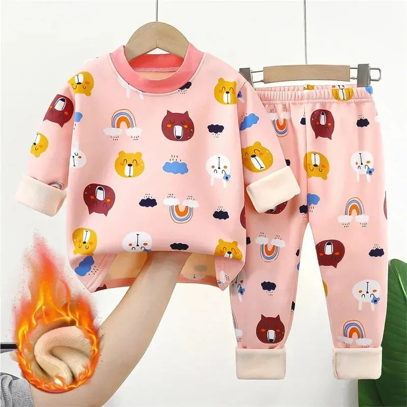 Baby/Kids Thick Warm Cartoon Print Pajamas Set