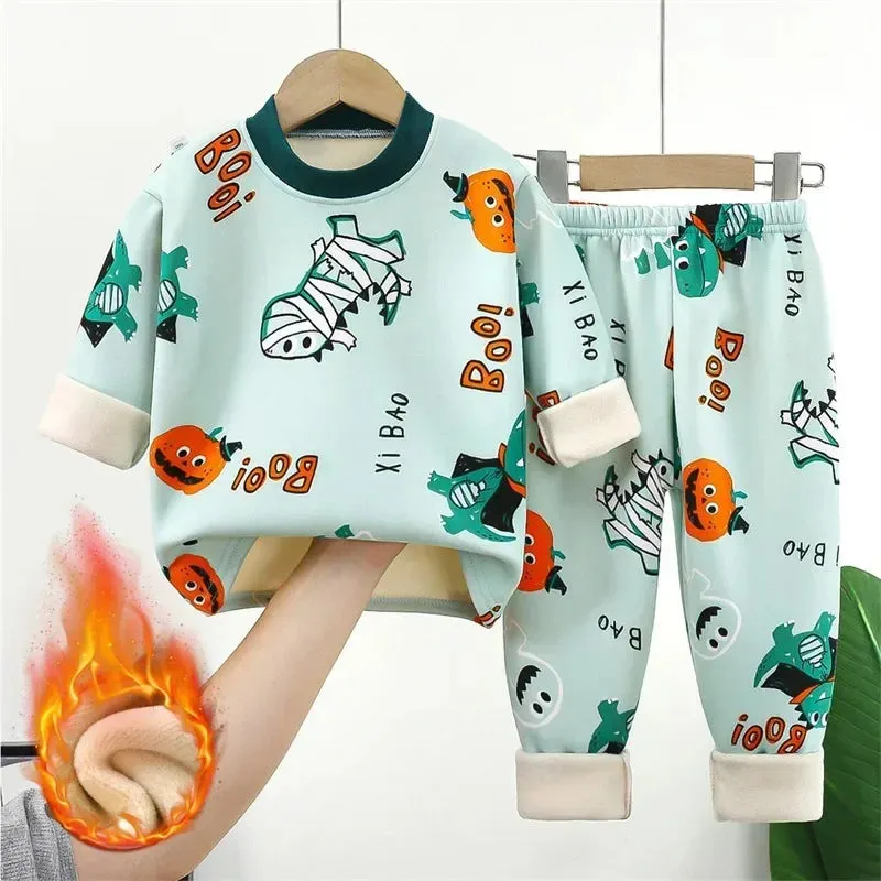 Baby/Kids Thick Warm Cartoon Print Pajamas Set