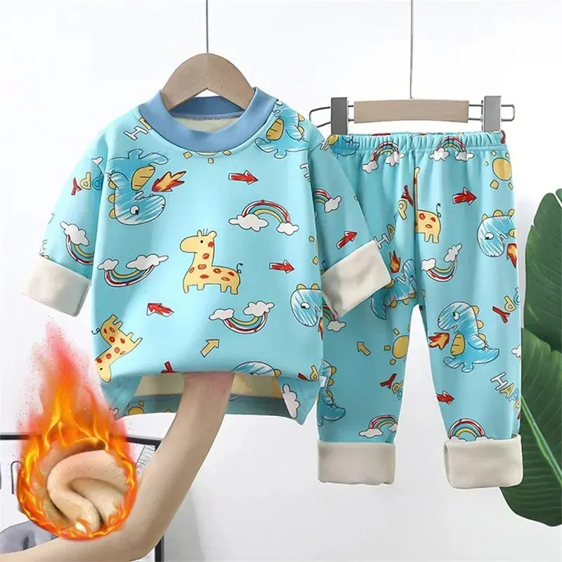 Baby/Kids Thick Warm Cartoon Print Pajamas Set
