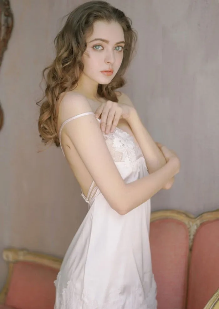 Backless Nightdress Satin Silk Lace Nightgown