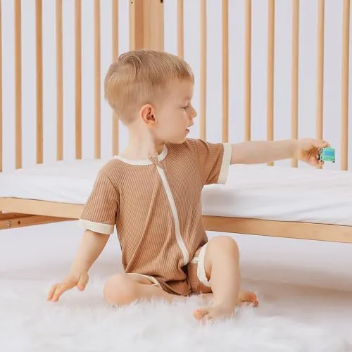 Bafeicao Unisex Baby Boy Girl 2 Pack Rompers Short Sleeve Two Way Zipper Romper One Piece Jumpsuits Clothes Sets, Beige  Apricot, 0-3M