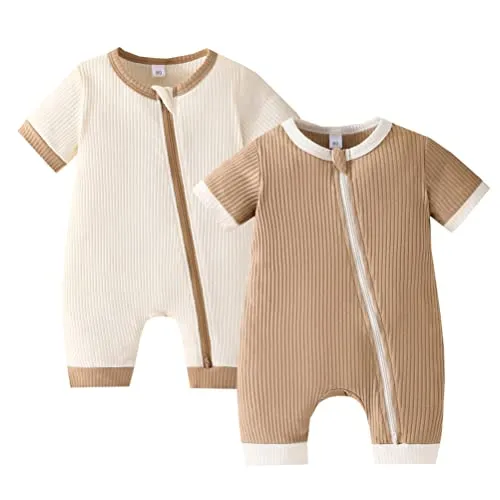 Bafeicao Unisex Baby Boy Girl 2 Pack Rompers Short Sleeve Two Way Zipper Romper One Piece Jumpsuits Clothes Sets, Beige  Apricot, 0-3M