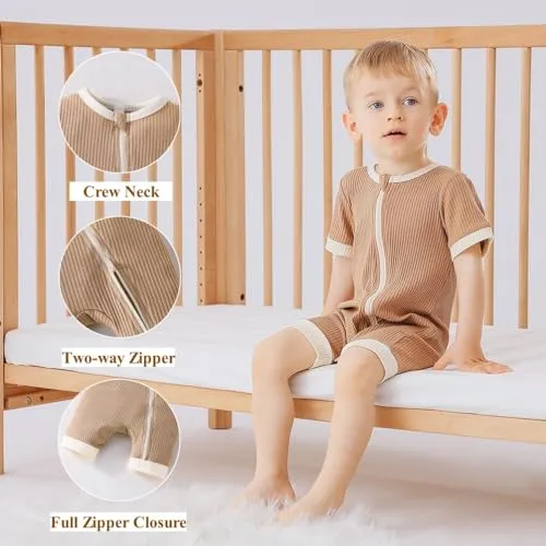 Bafeicao Unisex Baby Boy Girl 2 Pack Rompers Short Sleeve Two Way Zipper Romper One Piece Jumpsuits Clothes Sets, Beige  Apricot, 0-3M