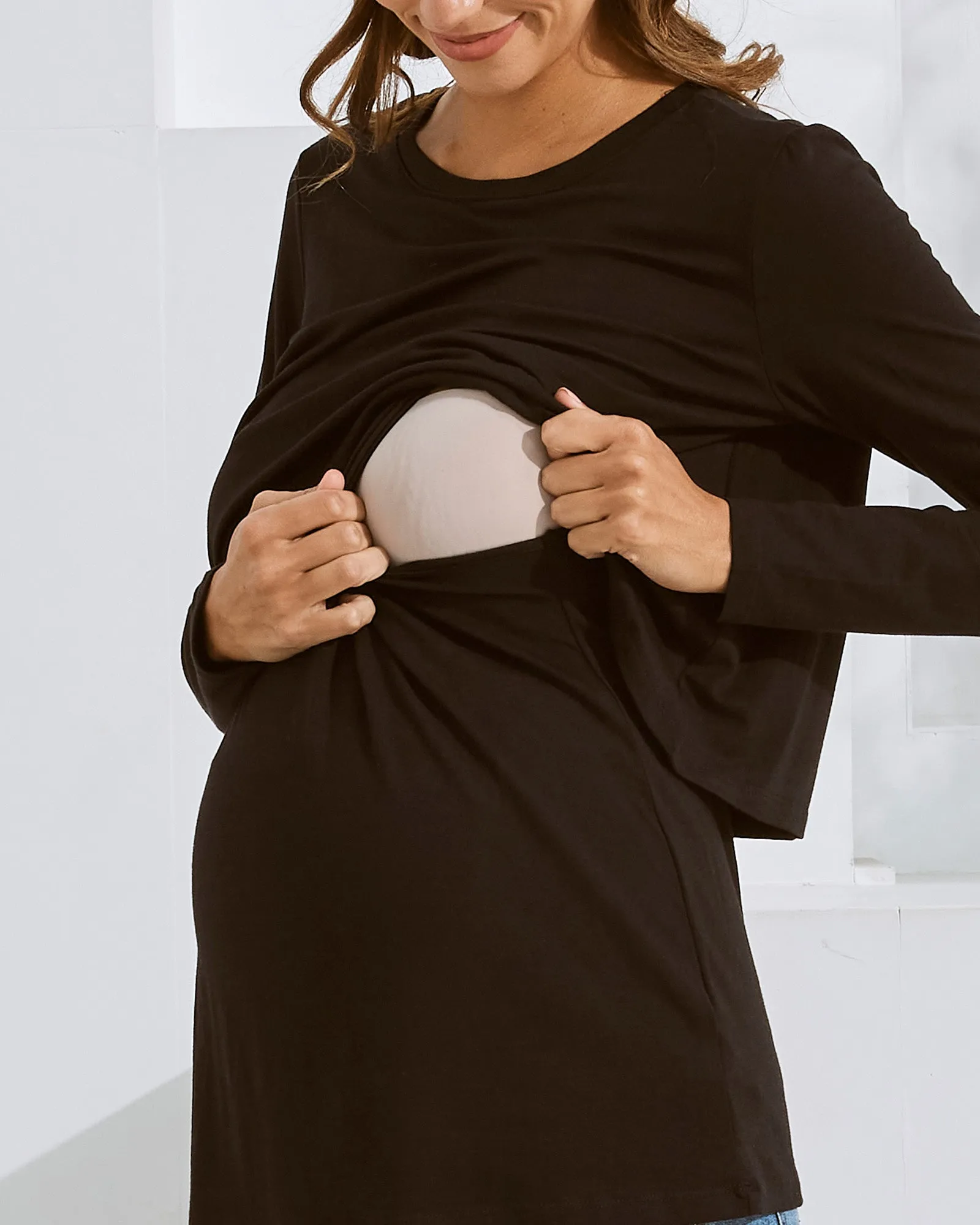 Bamboo Long Sleeve Maternity and Nursing Top in Black
