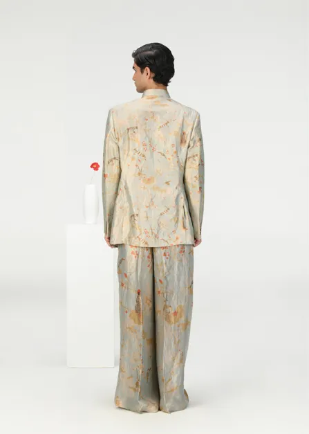 Bandhgala Silk Brocade Ice Blue