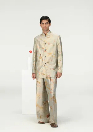 Bandhgala Silk Brocade Ice Blue