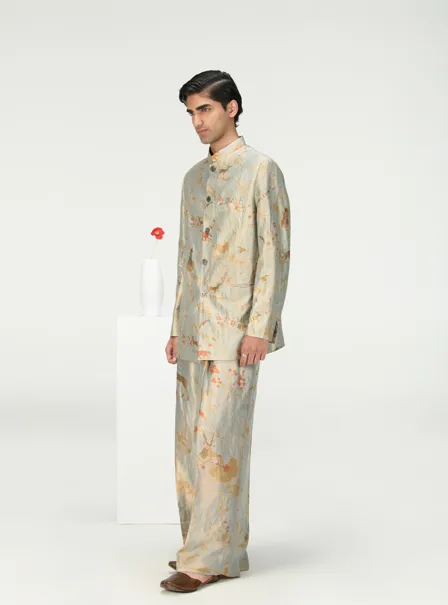 Bandhgala Silk Brocade Ice Blue