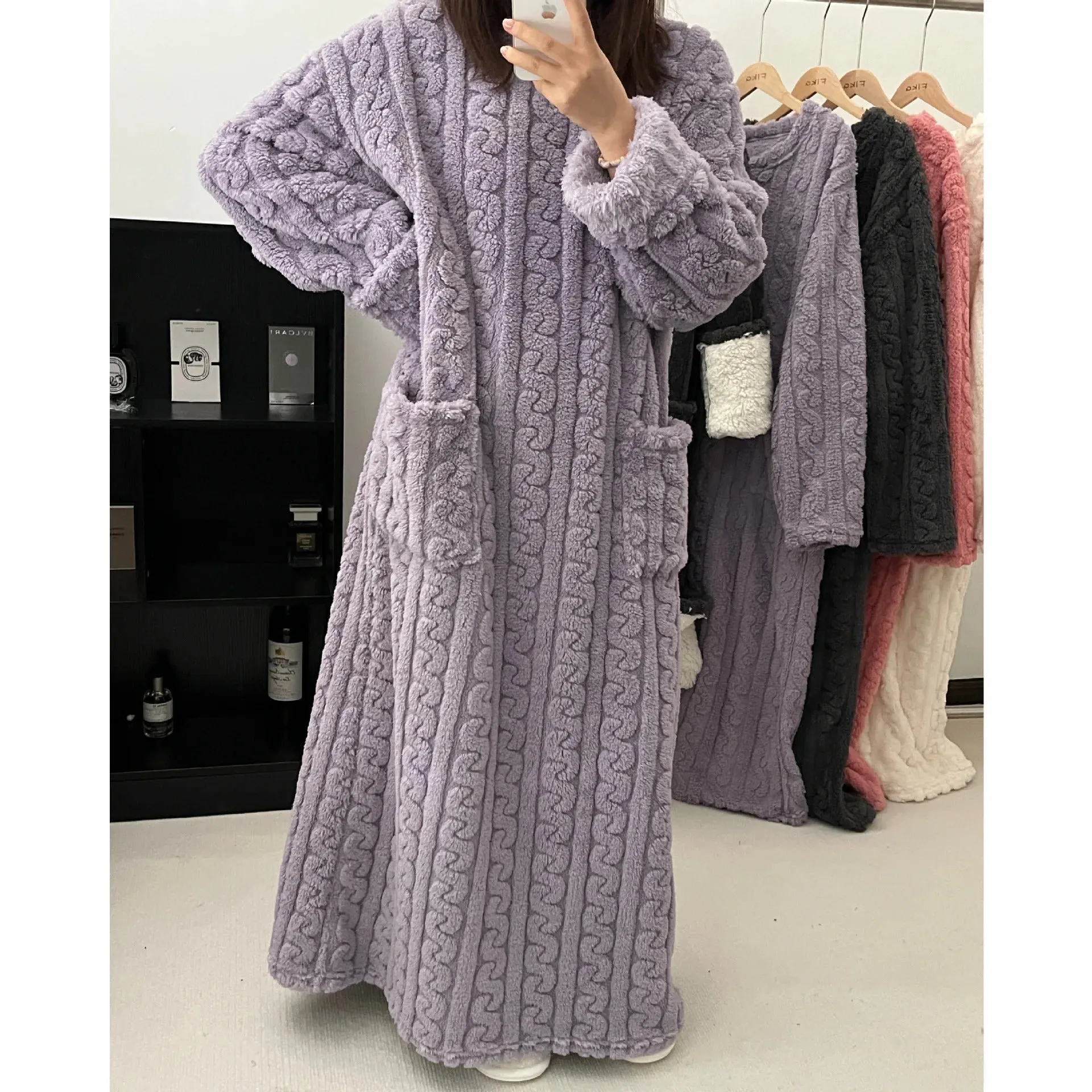 Bathrobe women's bathrobe coral padded thickened warm pajamas dress winter college students homewear plus size women's clothes c