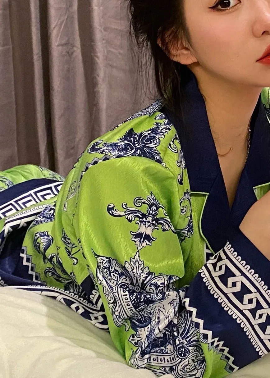 Beautiful Grass Green Peter Pan Collar Print Button Ice Silk Pajamas Two Pieces Set Spring TO1013