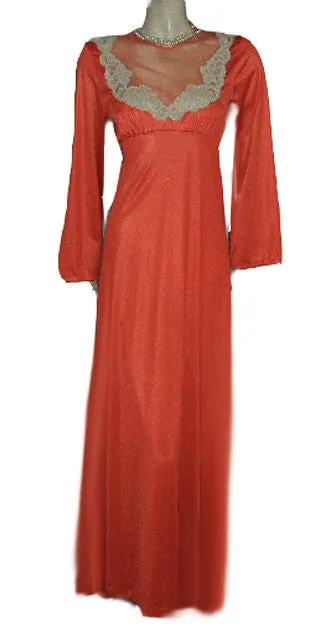 *BEAUTIFUL VINTAGE '70s GILEAD ECRU LACE ILLUSION NIGHTGOWN IN MANDARIN