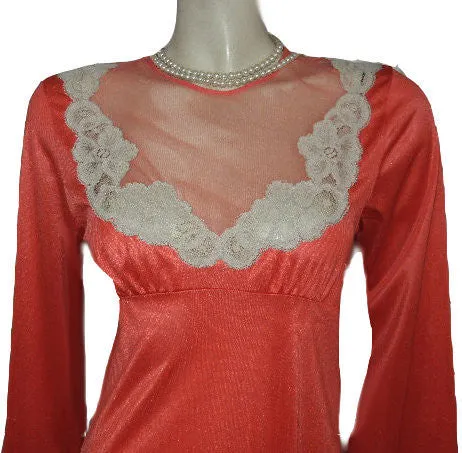 *BEAUTIFUL VINTAGE '70s GILEAD ECRU LACE ILLUSION NIGHTGOWN IN MANDARIN