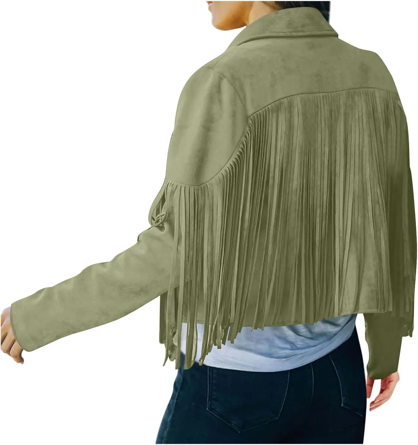 Binmer Fashion Faux Suede Tassel Jacket for Women Cowboy Style Fringe Cropped Coat Casual Long Sleeve Slim Moto Short Outwear