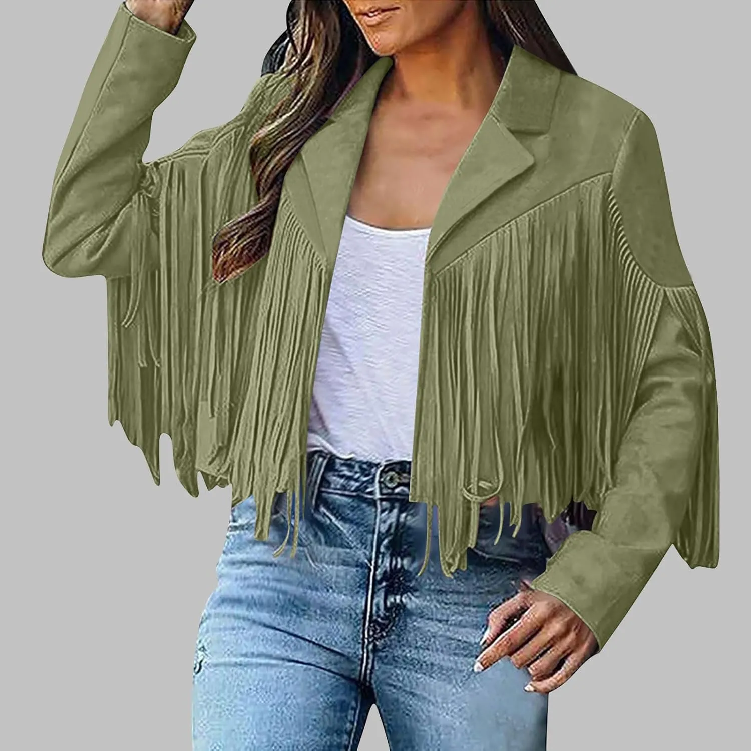 Binmer Fashion Faux Suede Tassel Jacket for Women Cowboy Style Fringe Cropped Coat Casual Long Sleeve Slim Moto Short Outwear