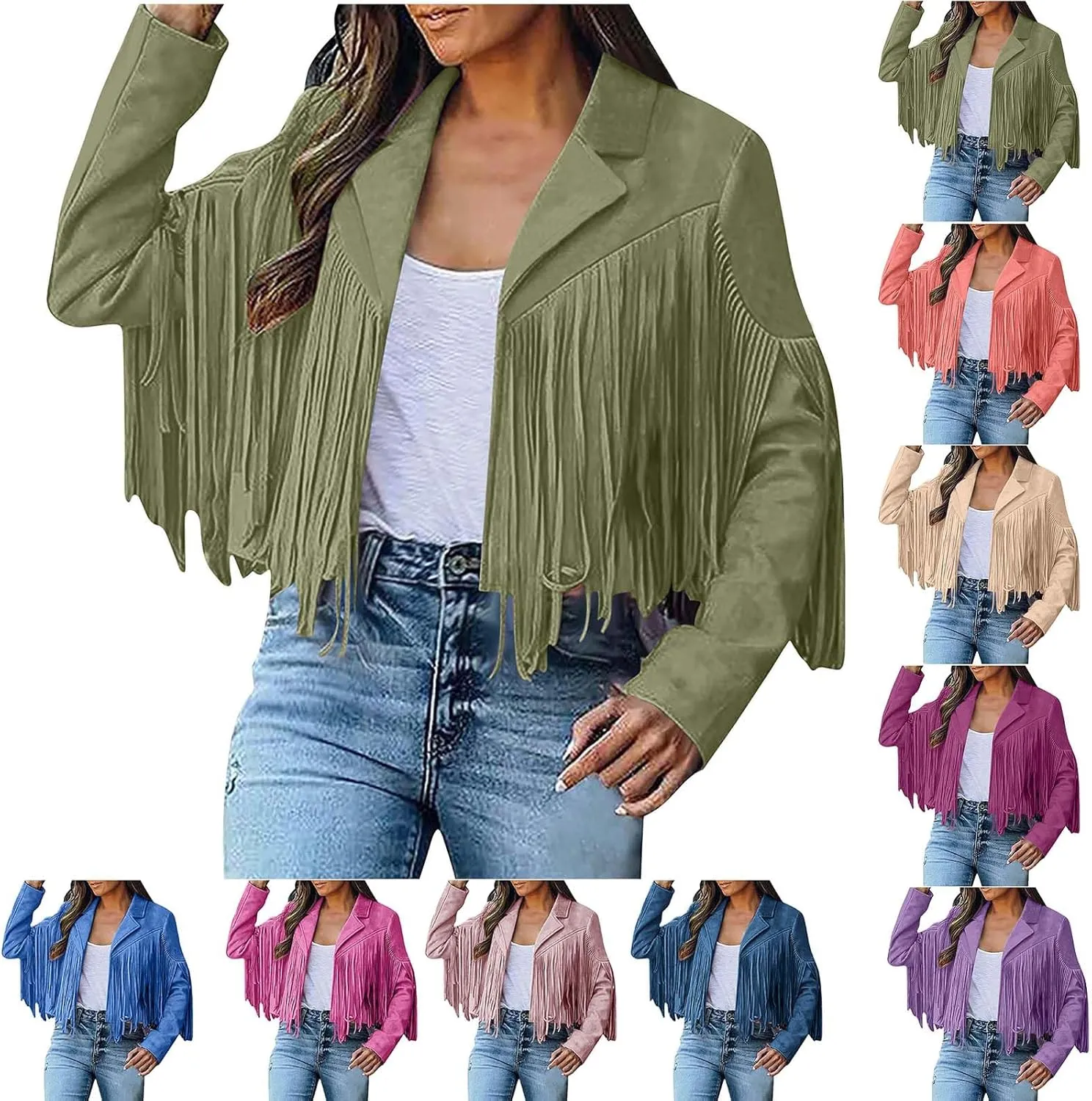 Binmer Fashion Faux Suede Tassel Jacket for Women Cowboy Style Fringe Cropped Coat Casual Long Sleeve Slim Moto Short Outwear
