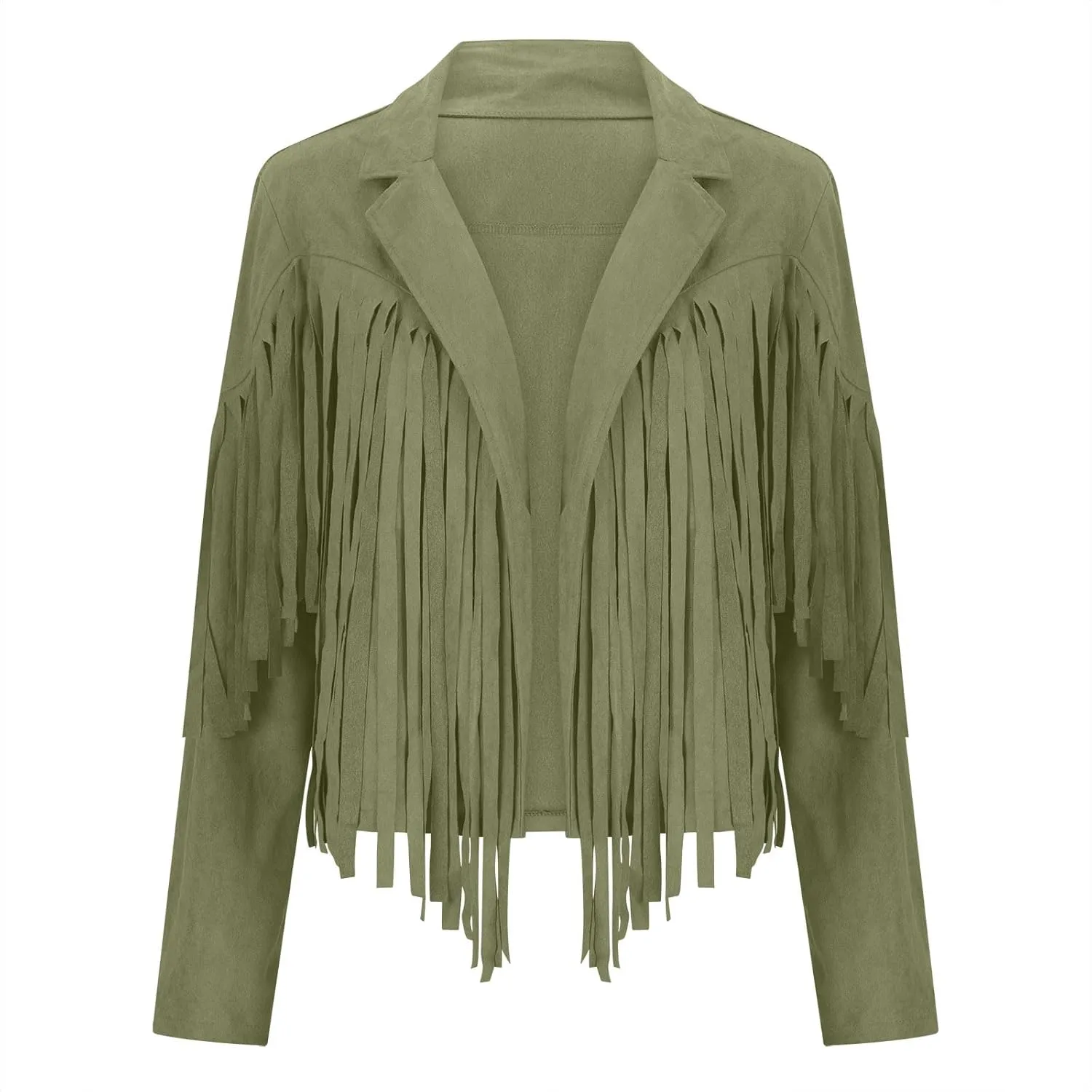 Binmer Fashion Faux Suede Tassel Jacket for Women Cowboy Style Fringe Cropped Coat Casual Long Sleeve Slim Moto Short Outwear