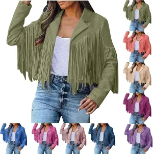 Binmer Fashion Faux Suede Tassel Jacket for Women Cowboy Style Fringe Cropped Coat Casual Long Sleeve Slim Moto Short Outwear