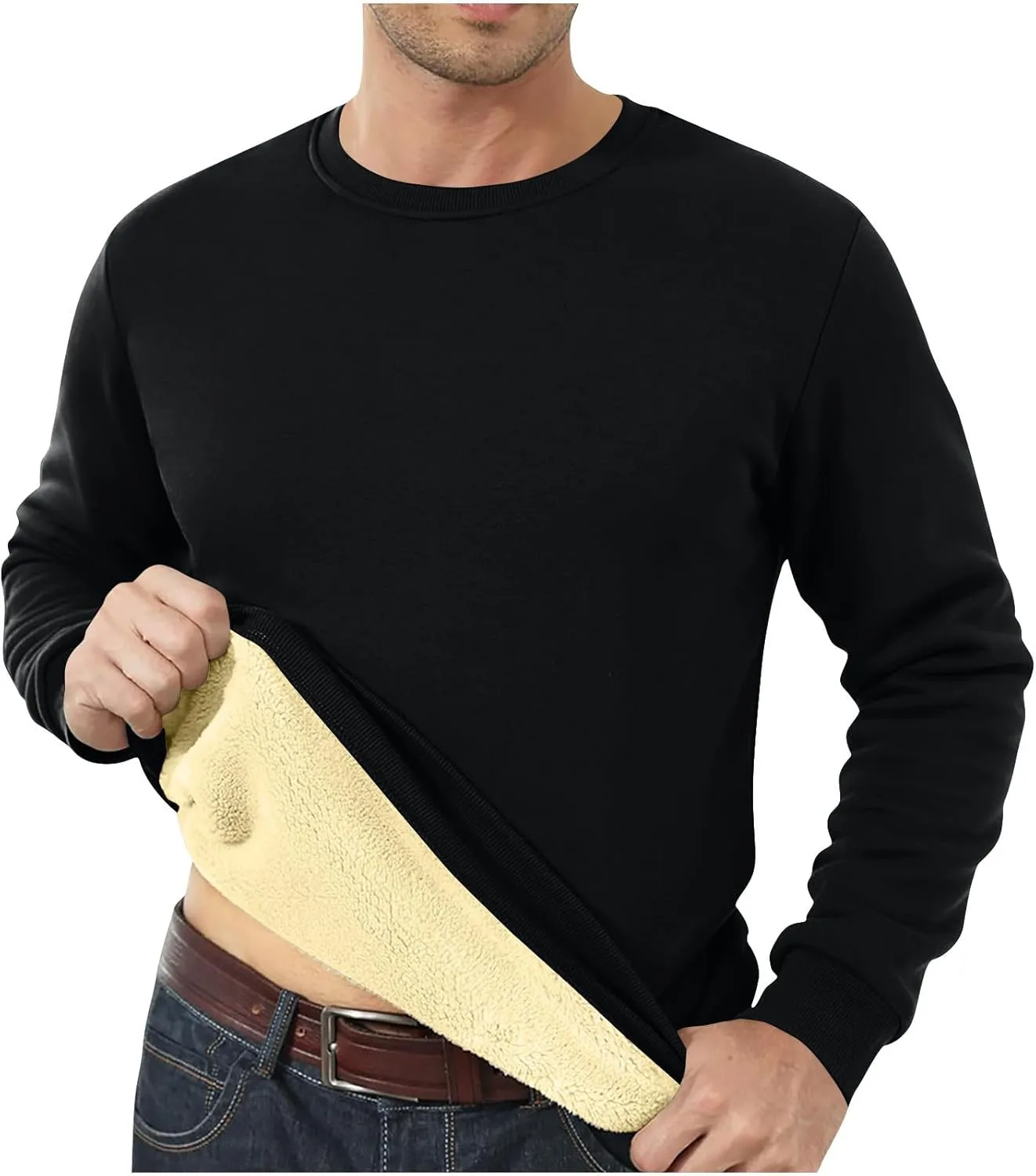 Binmer Men's Crewneck Sweatshirt Winter Warm Sherpa Lined Pullover Tops Plus Size Fleece Thermal Sweater for Cold Weather