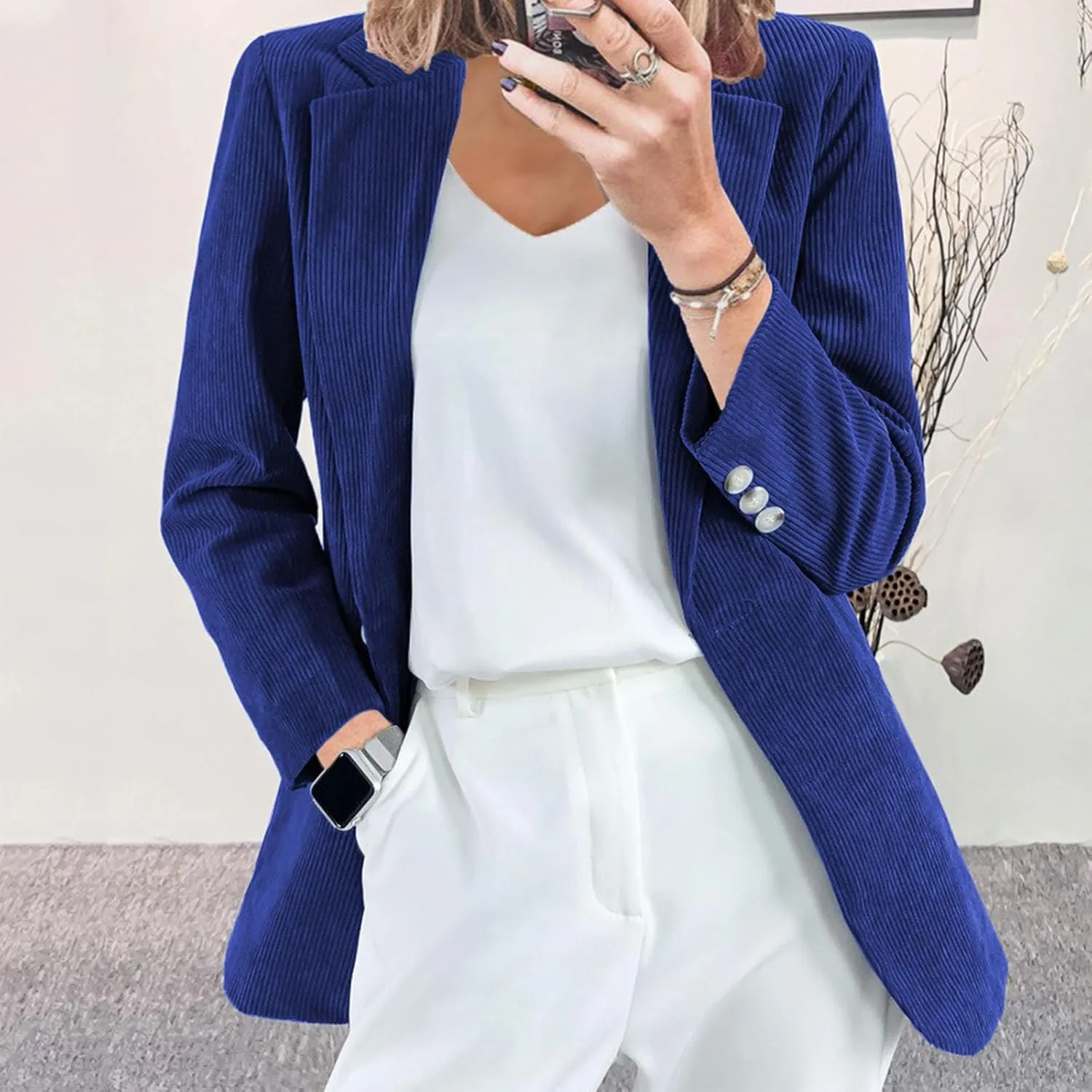 Binmer Women Corduroy Blazer Jackets Casual Boyfriend Open Front Dressy Business Work Office Suit Coat Loose Fit Fall Outwear