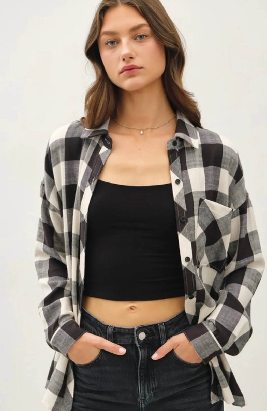 Black & Cream Plaid Soft Flannel Top w/Front Pocket