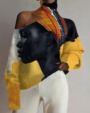 Black Art Colorblock Personalized Turtleneck Ladies Top