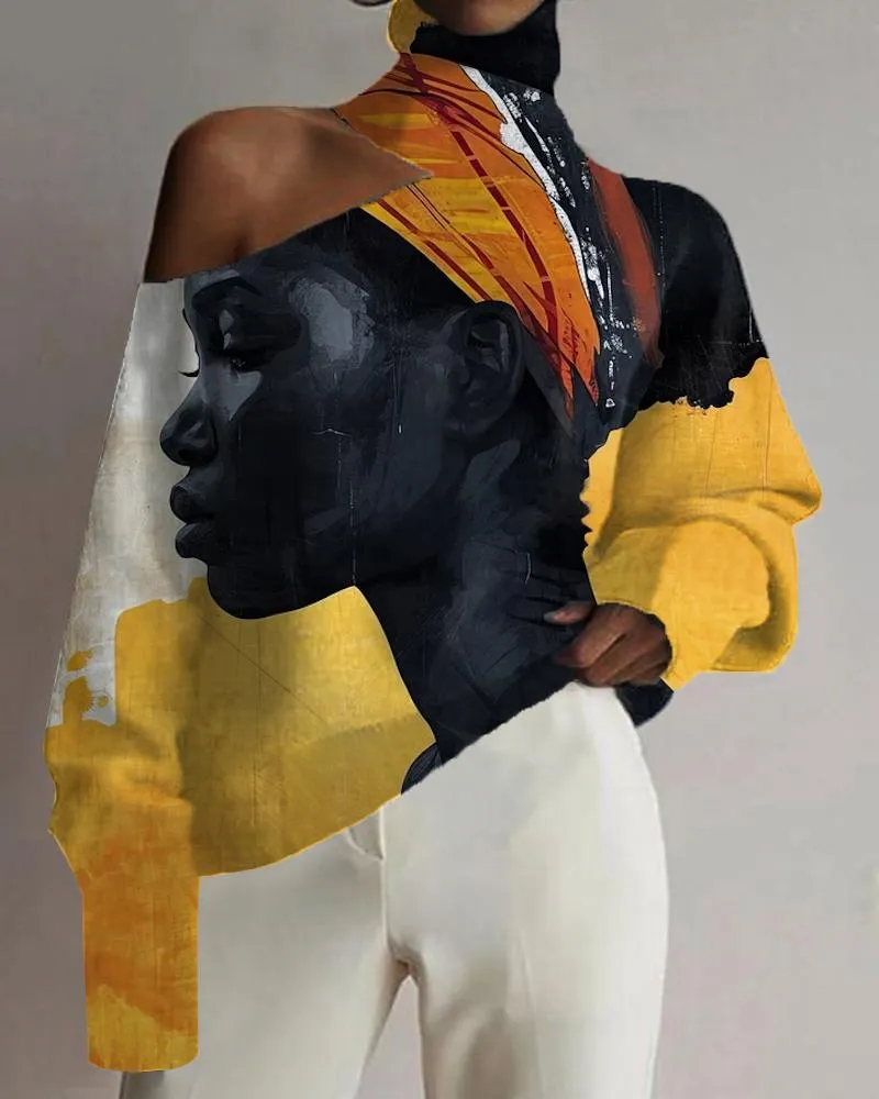 Black Art Colorblock Personalized Turtleneck Ladies Top