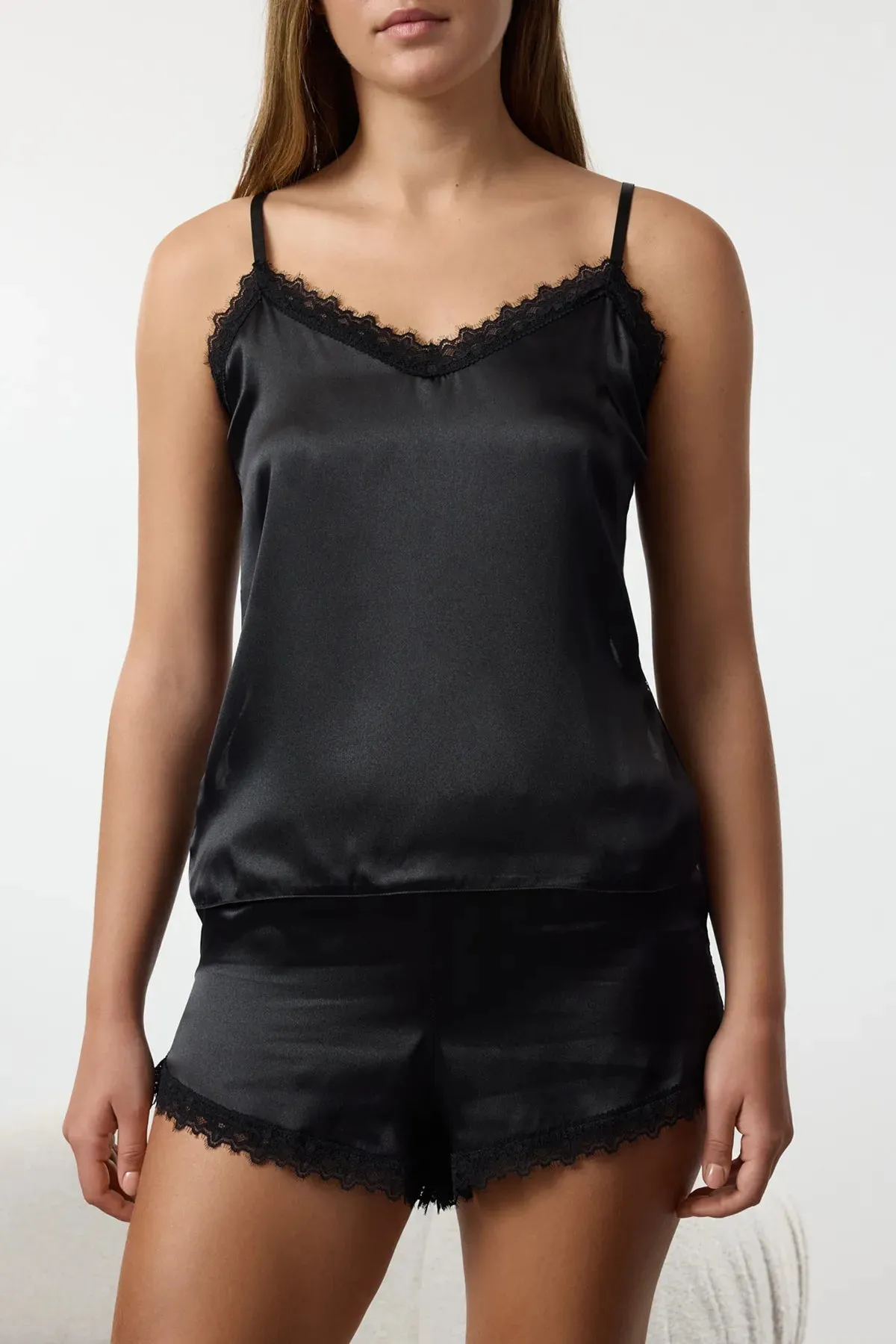 Black Lace and Back Detailed Rope Strap Satin Woven Pajama Set
