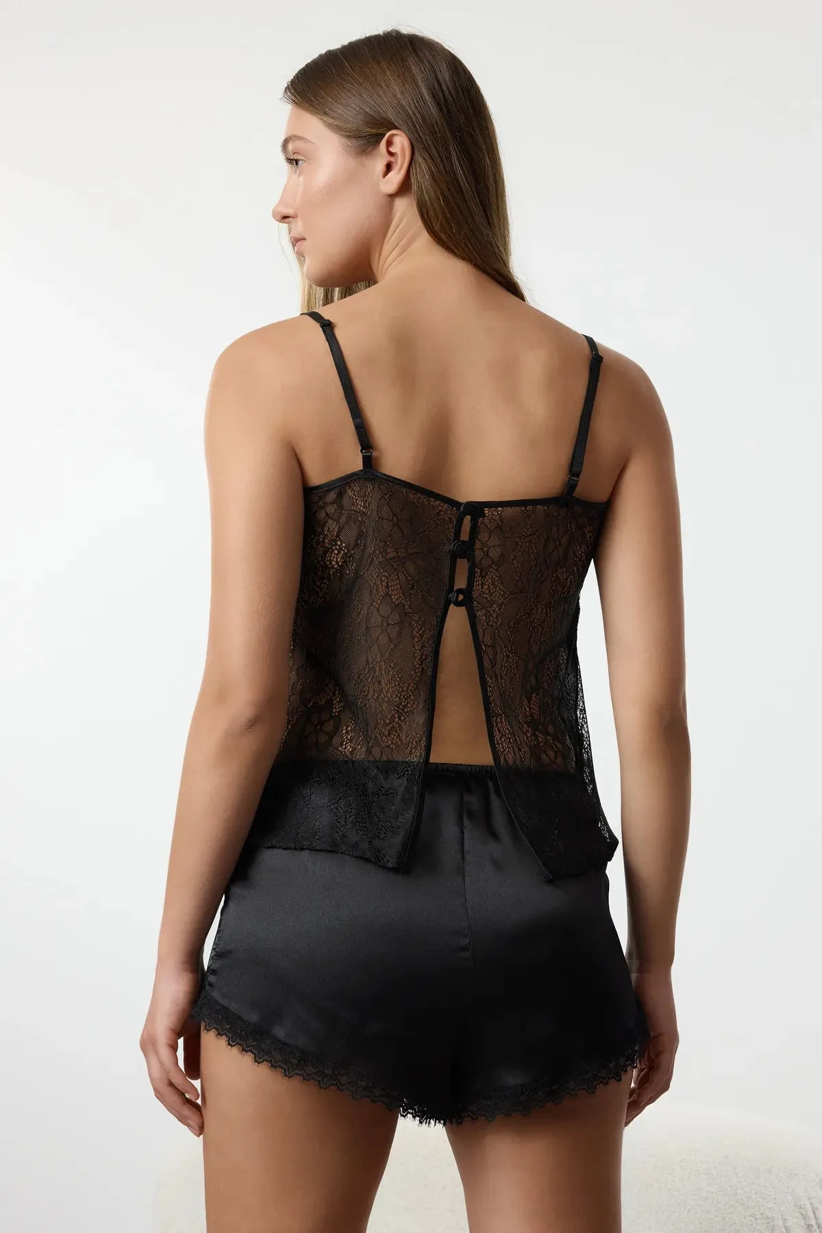 Black Lace and Back Detailed Rope Strap Satin Woven Pajama Set