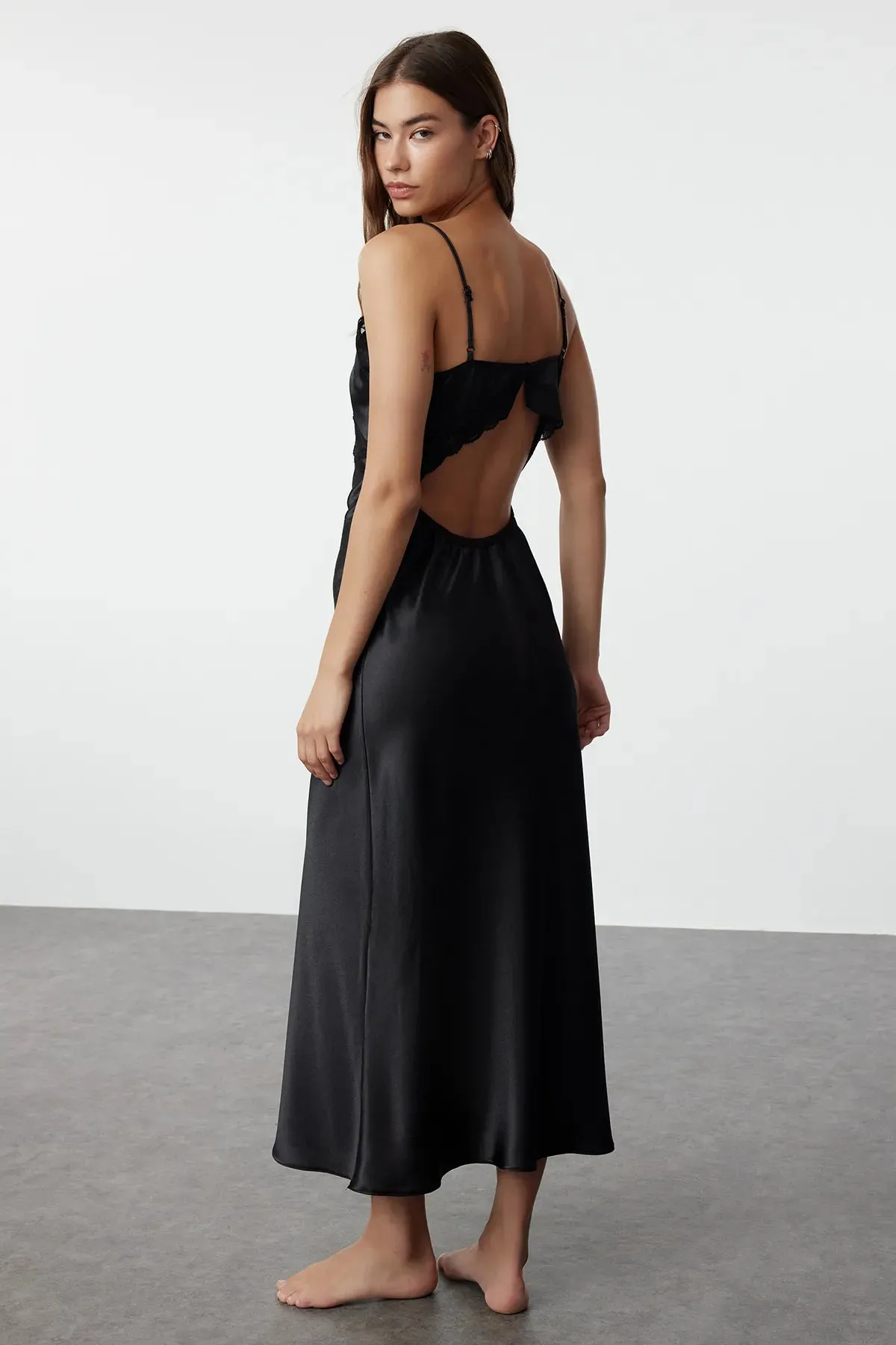 Black Lace Back Detailed Rope Strap Satin Woven Nightgown