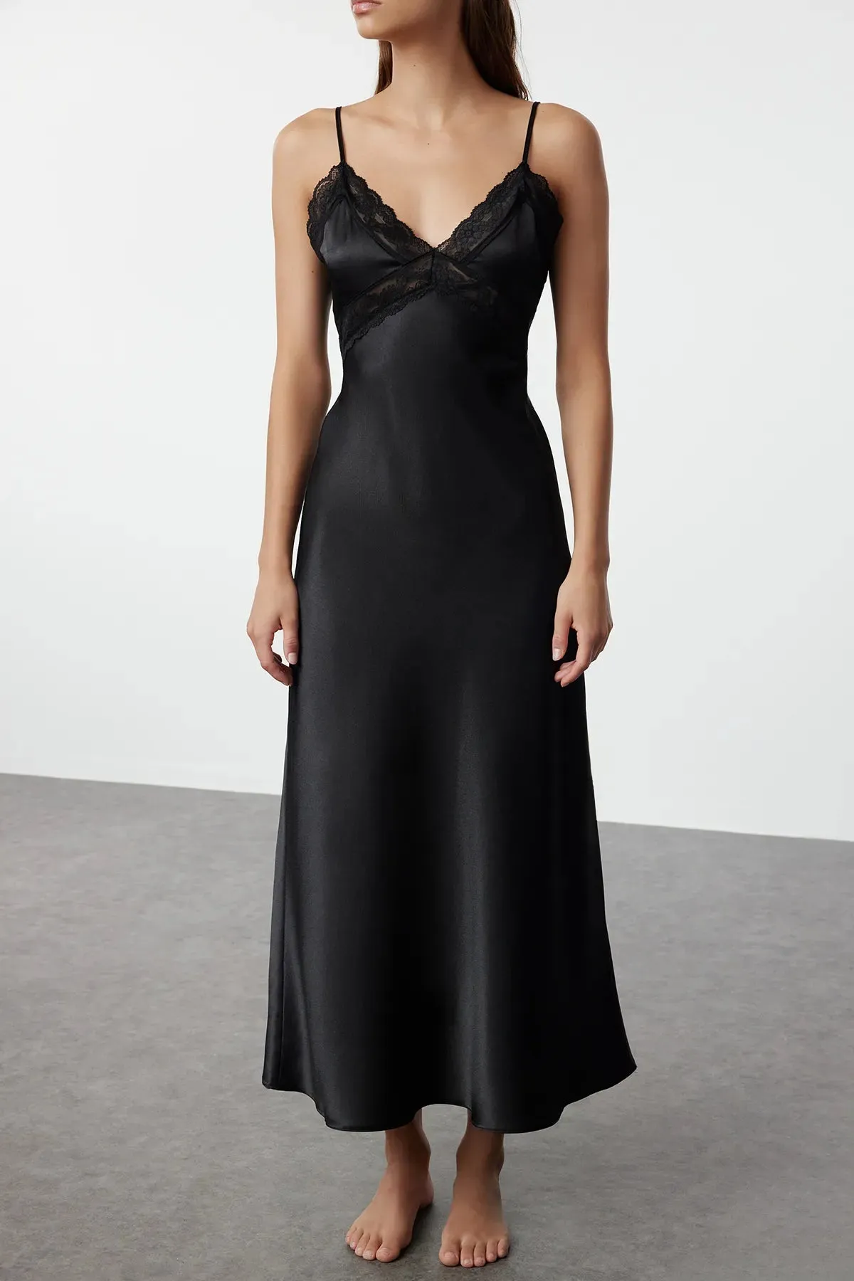 Black Lace Back Detailed Rope Strap Satin Woven Nightgown