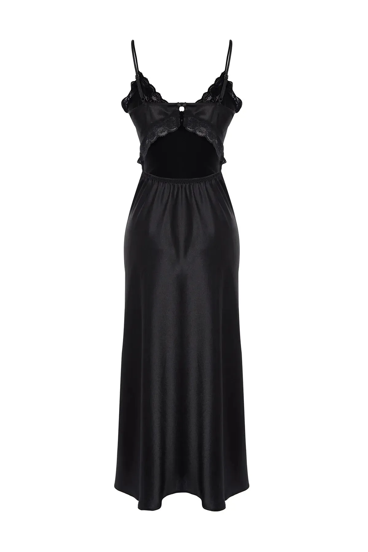 Black Lace Back Detailed Rope Strap Satin Woven Nightgown