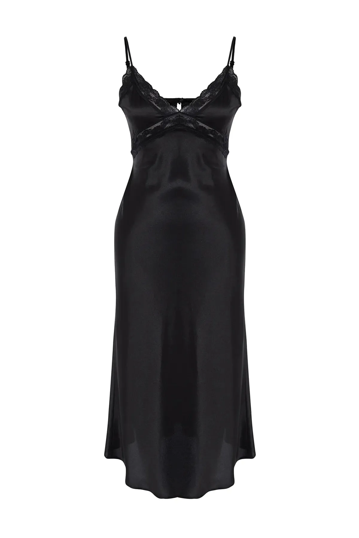 Black Lace Back Detailed Rope Strap Satin Woven Nightgown