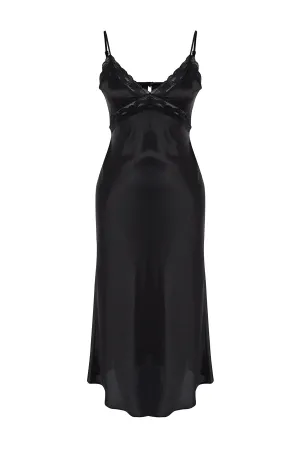 Black Lace Back Detailed Rope Strap Satin Woven Nightgown