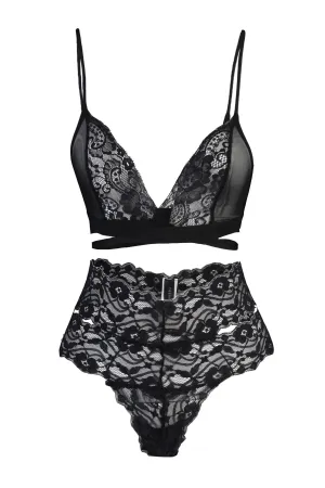 Black Lace Rope Strap Tie Detailed Non-wired Non-Covered Knitted Underwear Set