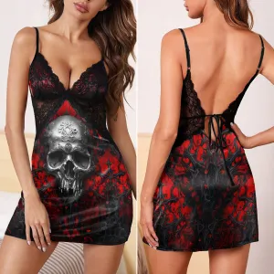 Black Red Dark Skull Women's Back Lace Babydolls Nightgowns