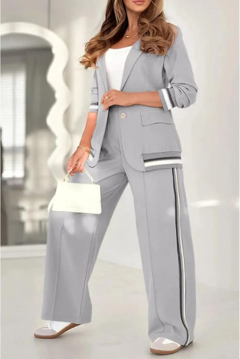 Blazer Outfits for Women 2 Piece Sets Casual Long Sleeve Jacket Wide Leg Long Pant Suit Business Work Matching Sets