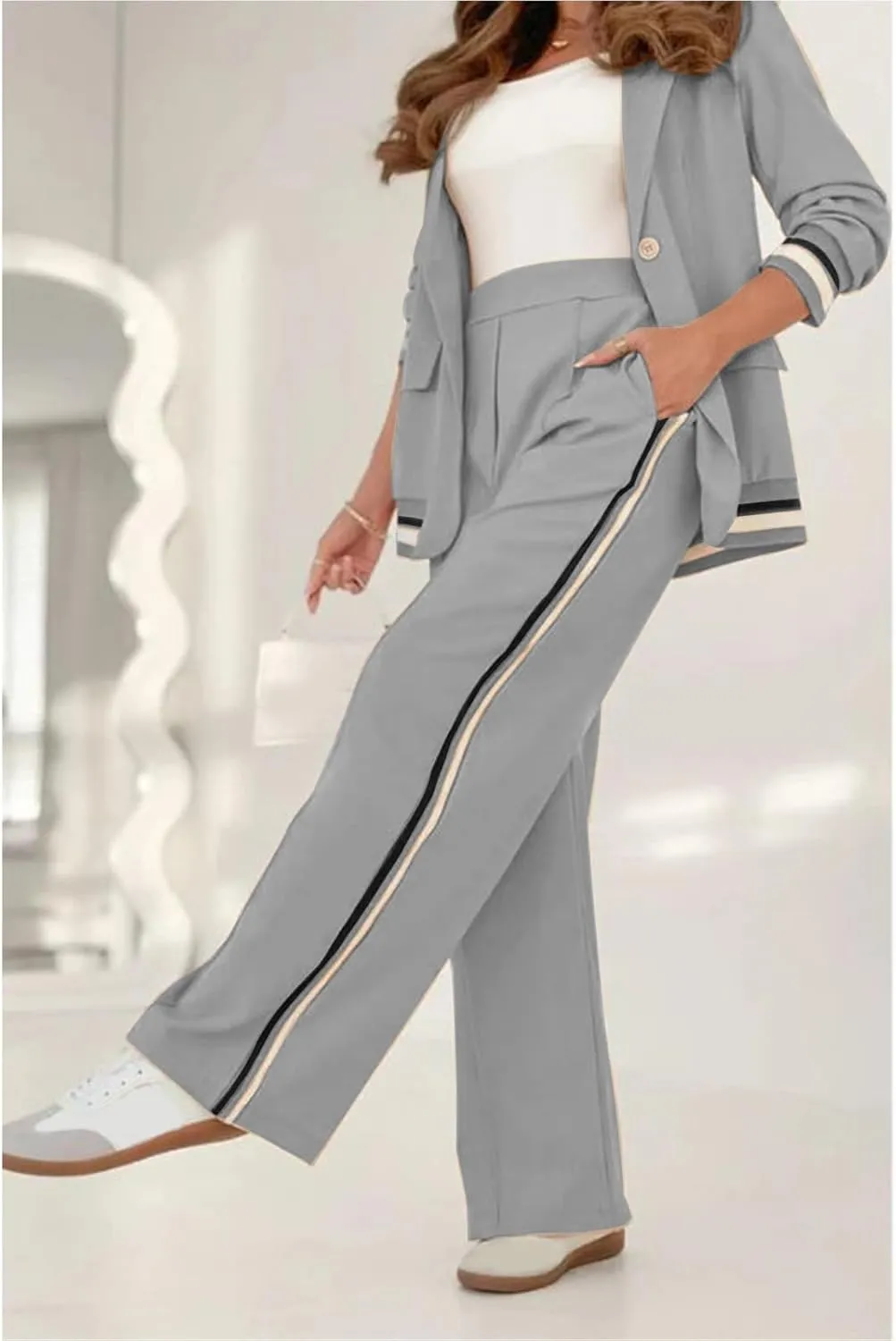 Blazer Outfits for Women 2 Piece Sets Casual Long Sleeve Jacket Wide Leg Long Pant Suit Business Work Matching Sets