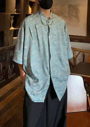 Blue Button Ice Silk Men Shirts Stand Collar Half Sleeve YT077