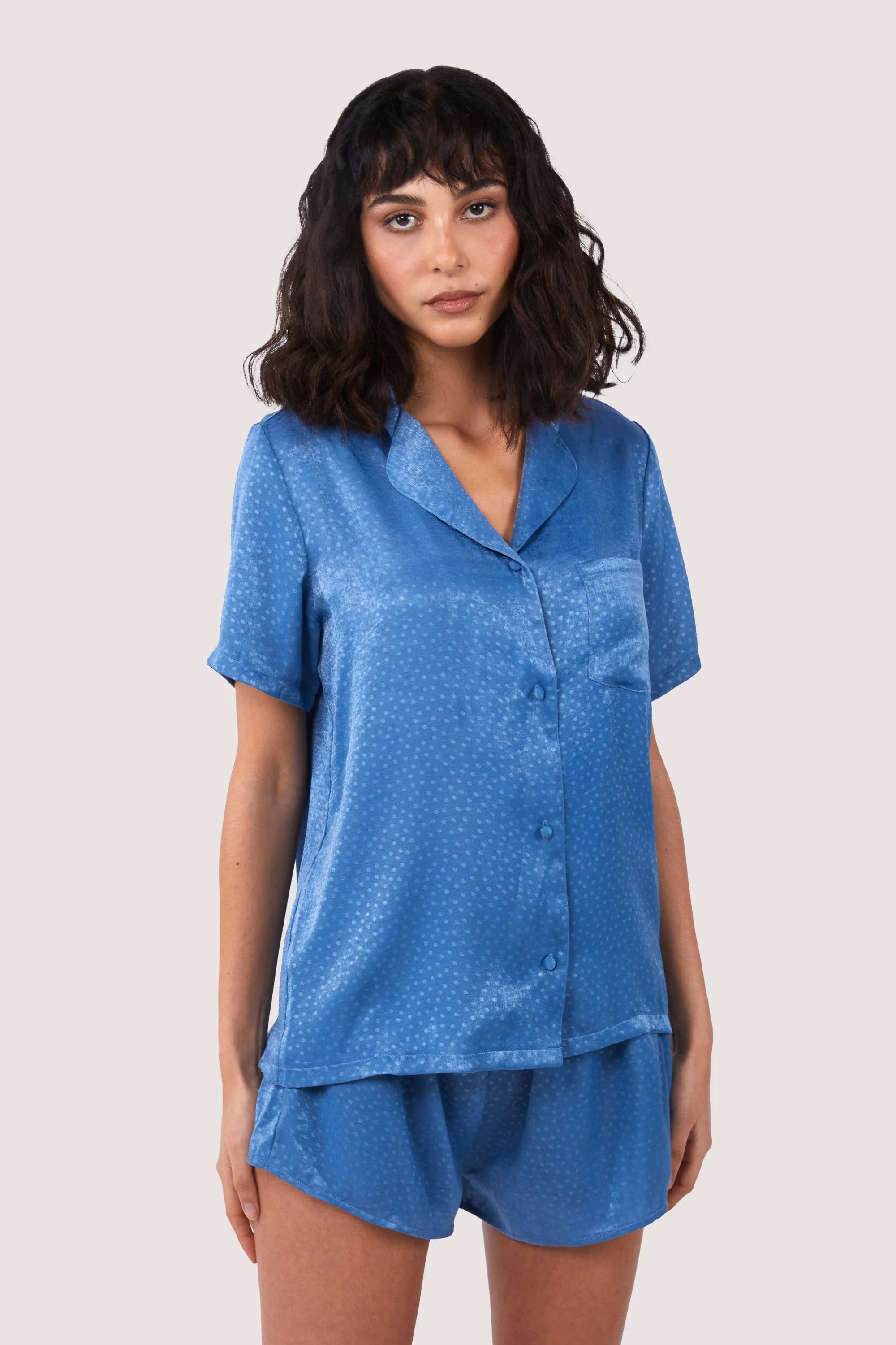 Blue Jacquard Pyjama Top & Shorts Set