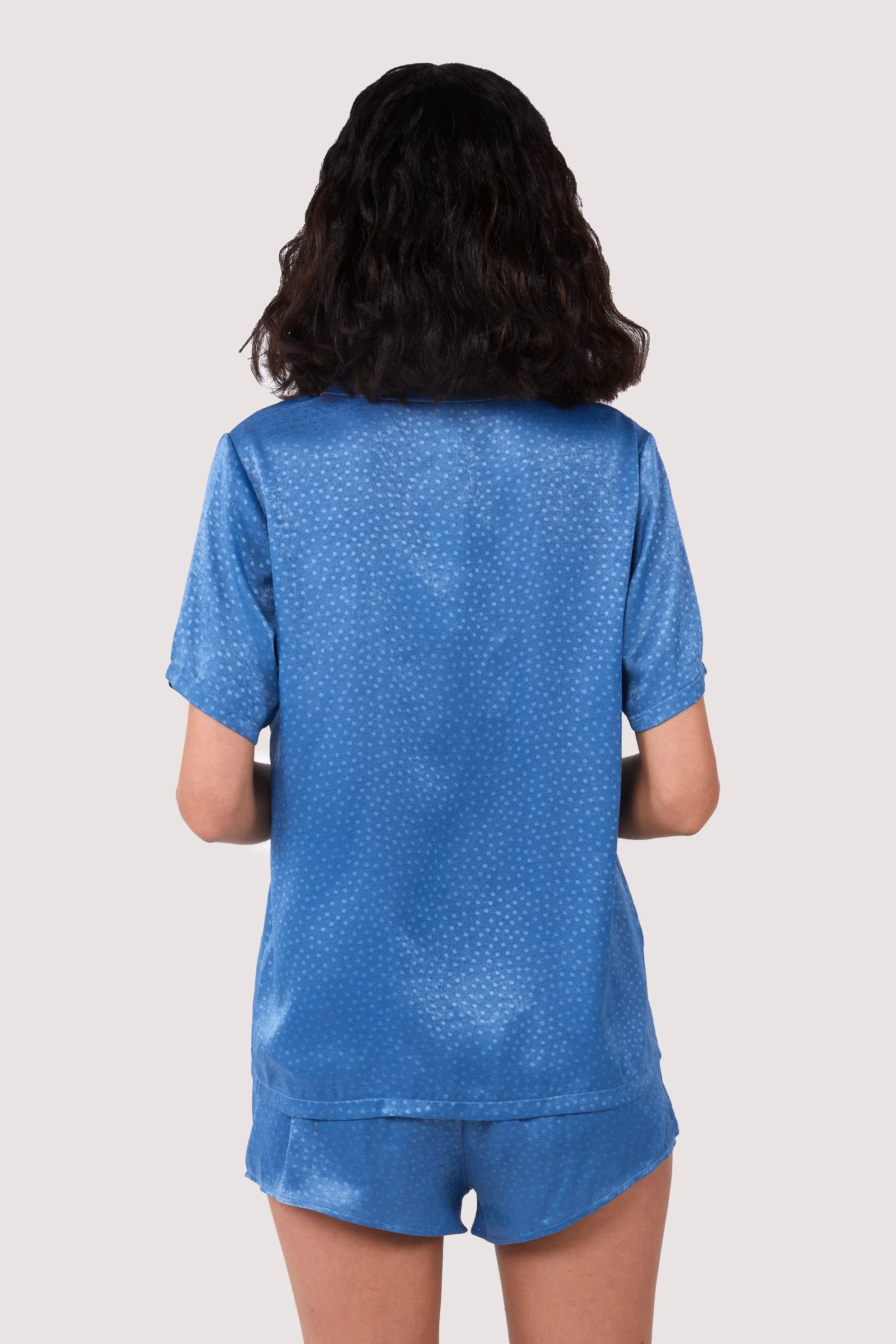 Blue Jacquard Pyjama Top & Shorts Set