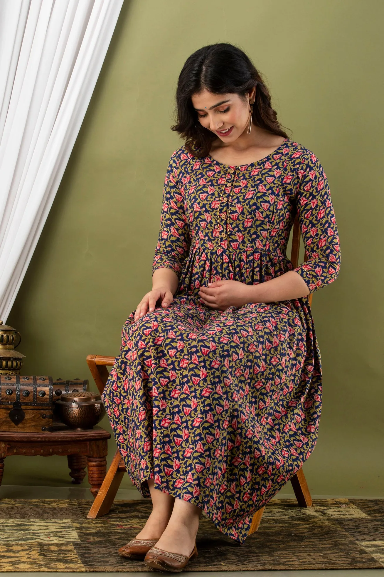 Blue Pink Flower Maternity Nursing Gown with Feeding Zip