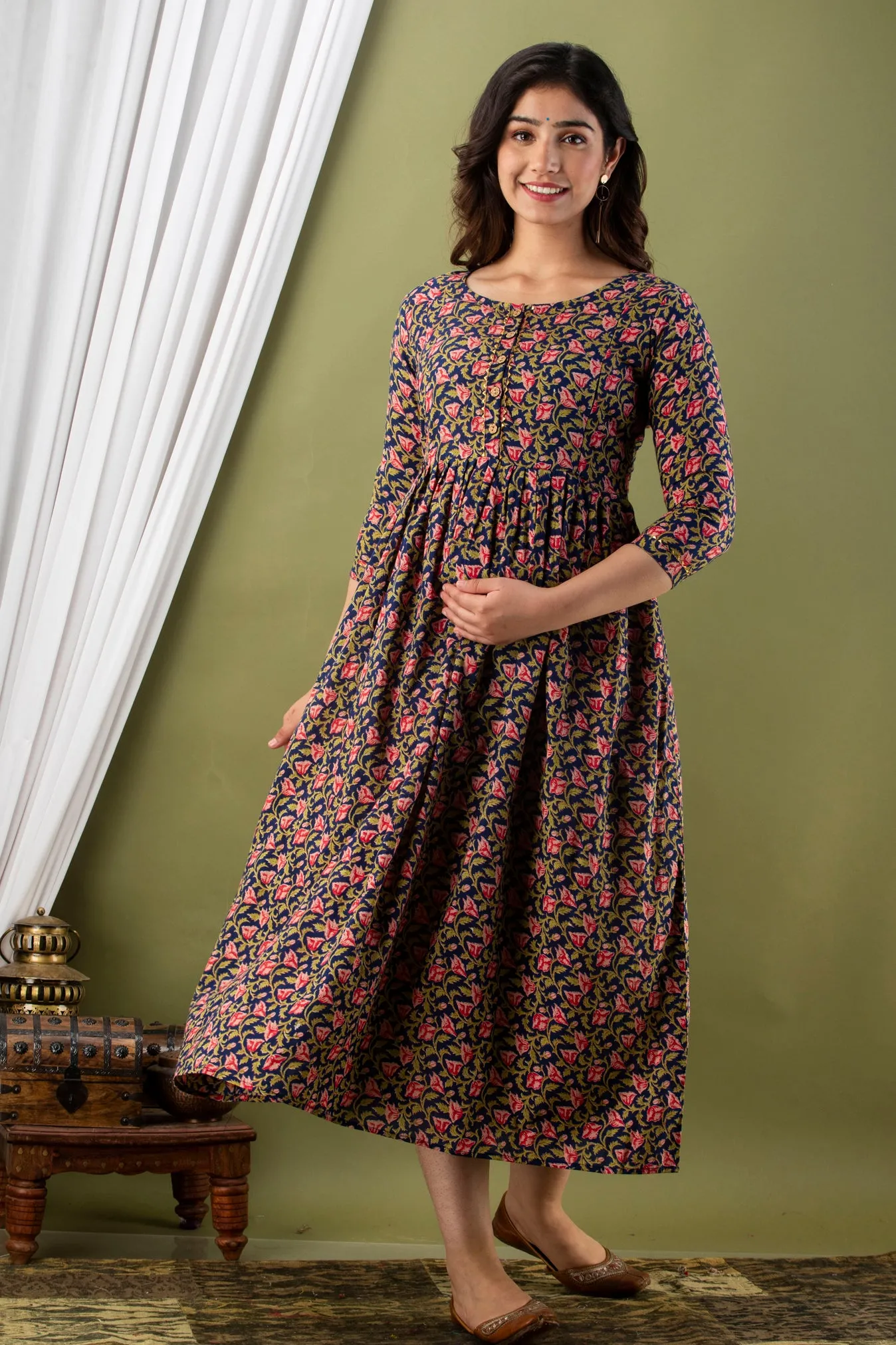 Blue Pink Flower Maternity Nursing Gown with Feeding Zip